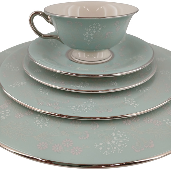 Castleton China “Corsage” Aqua Floral Dinnerware Set Of 5 Cup Plater Salad Bread - Picture 1 of 10